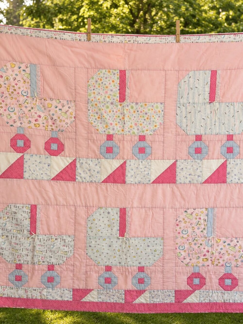 Handmade Baby Quilt Pink Patchwork Baby Carriage Pram Crib Quilt 51” x 51”